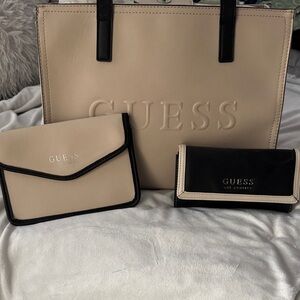 GUESS Beige and Black Colorblock Tote with Matching Wallets
